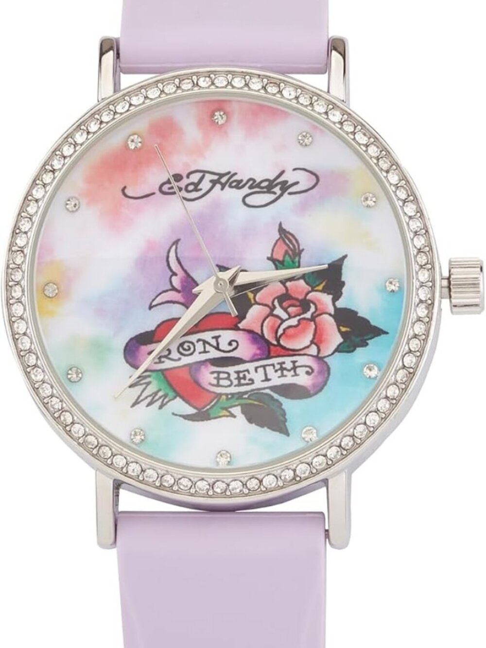 Ed Hardy Women's Purple Silicone Strap Watch Rose Heart Dial Quartz